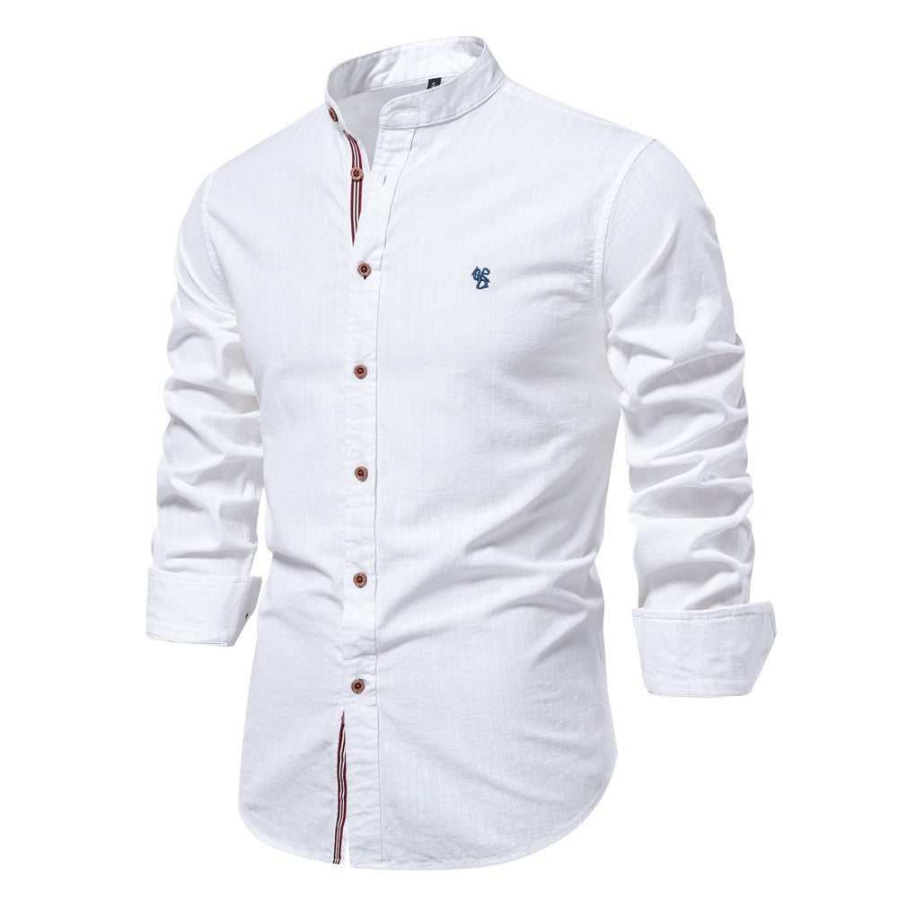 Camisa de verano para hombre de mezcla de algodón y lino, con cuello mao y mangas largas.