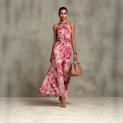 Abito Maxi da Donna Senza Maniche con Stampa, Collo Allacciato e Vita Alta – Stile Chiffon