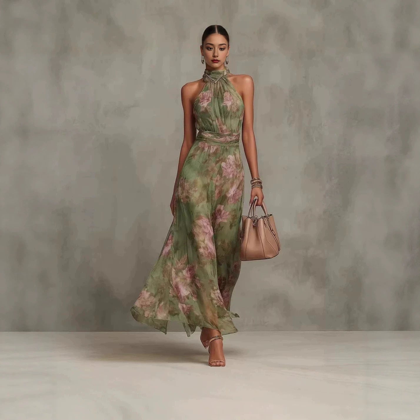 Abito Maxi da Donna Senza Maniche con Stampa, Collo Allacciato e Vita Alta – Stile Chiffon