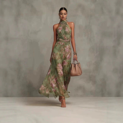 Abito Maxi da Donna Senza Maniche con Stampa, Collo Allacciato e Vita Alta – Stile Chiffon