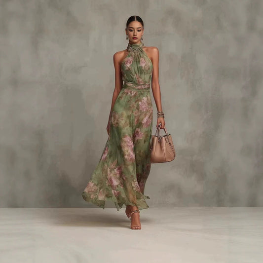 Abito Maxi da Donna Senza Maniche con Stampa, Collo Allacciato e Vita Alta – Stile Chiffon