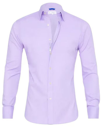 Camisa Oxford de hombre de corte ajustado con cremallera frontal, botones decorativos y mangas largas.