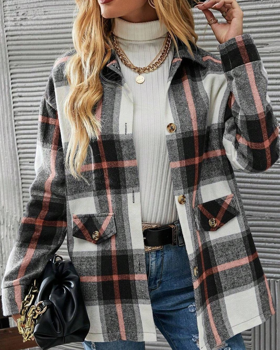 Women's Long Sleeve Shirt with Checkered Pattern, Turn-Down Collar, and Dropped Shoulders