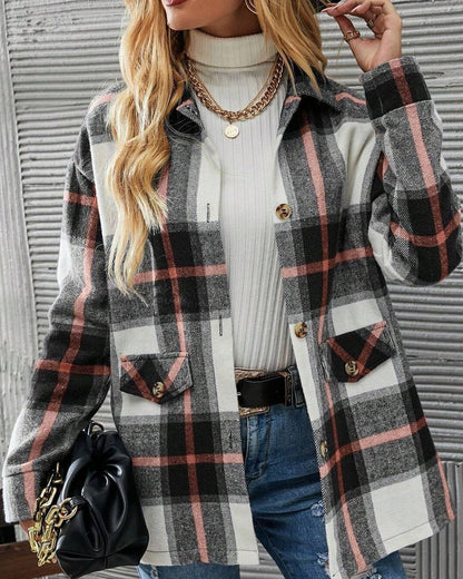 Women's Long Sleeve Shirt with Checkered Pattern, Turn-Down Collar, and Dropped Shoulders