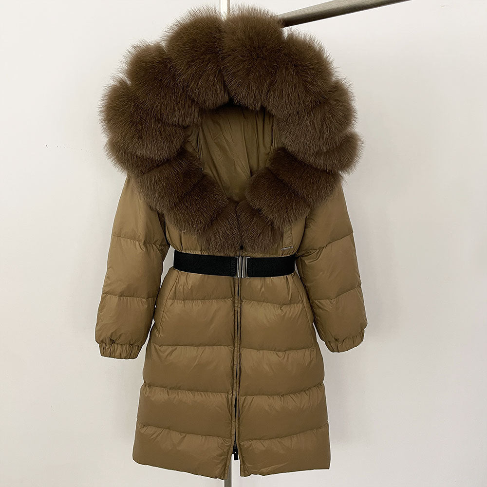 Women's Winter Coat with Long Hood and Removable Fur Collar