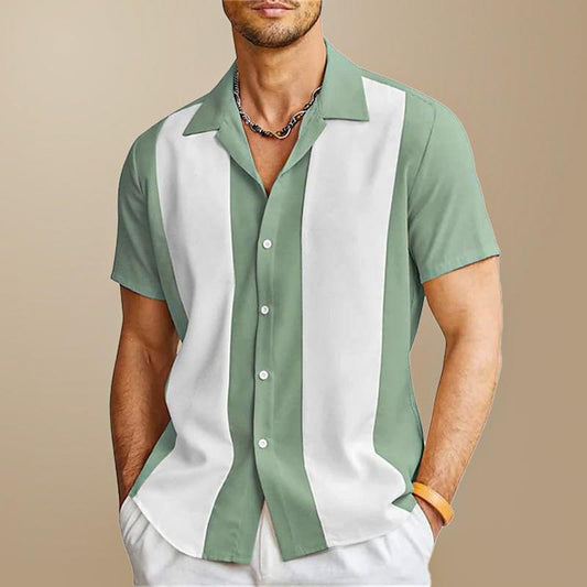 Men's Shirt with Vertical Color Block Stripes and Short Sleeves