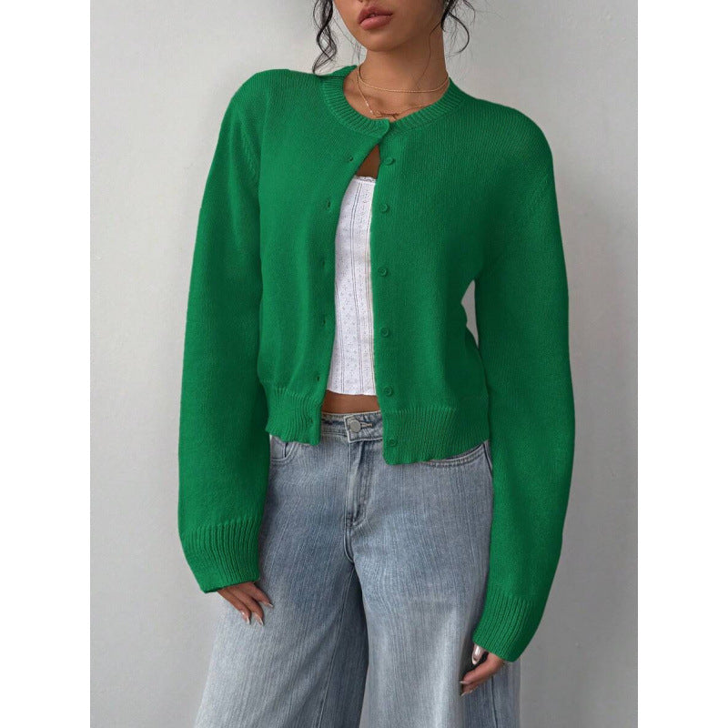 Cárdigan de punto ajustado para mujer con cuello redondo y mangas largas