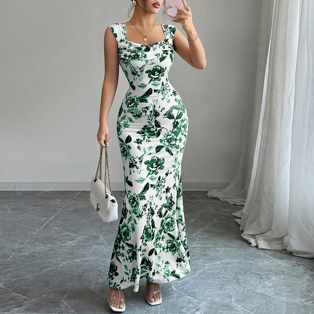 Abito Midi Donna con Scollo Quadrato, Nodo Frontale e Vita Alta – Abito Floreale Elegante