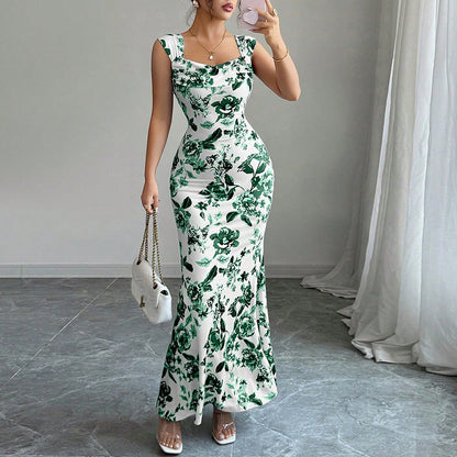 Abito Midi Donna con Scollo Quadrato, Nodo Frontale e Vita Alta – Abito Floreale Elegante