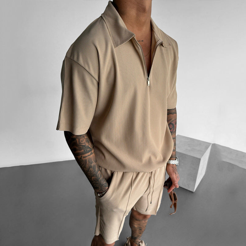 Men's Two-Piece Set with Zip Polo and Shorts – Casual Sporty Style
