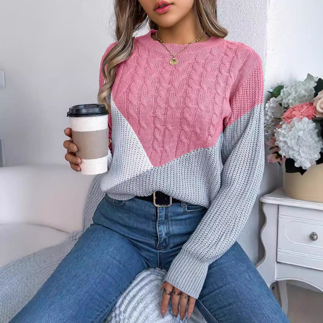 Dame langærmet sweater med twiststrik og kontrastdetaljer