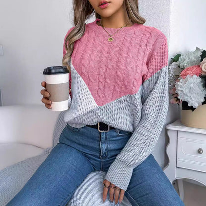 Dame langærmet sweater med twiststrik og kontrastdetaljer