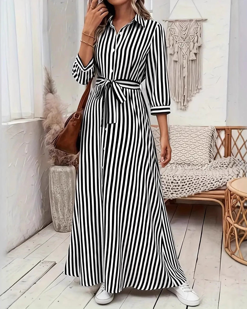 Vestido camisero de mujer a rayas con cuello de solapa y botones delanteros