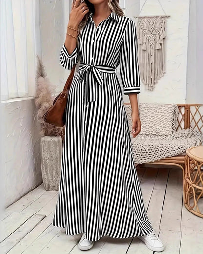 Vestido camisero de mujer a rayas con cuello de solapa y botones delanteros