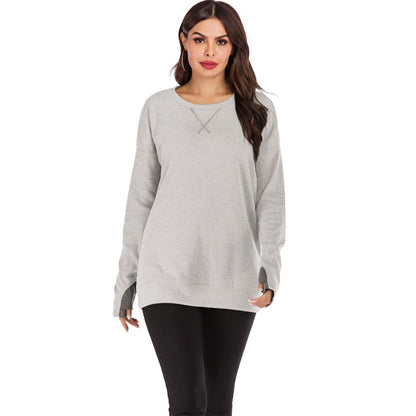 Jersey de mujer de manga larga con cuello redondo, ajuste holgado y color liso