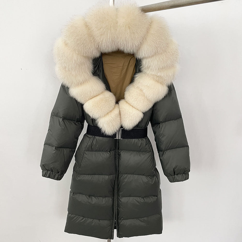 Women's Winter Coat with Long Hood and Removable Fur Collar