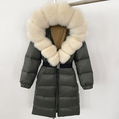 Women's Winter Coat with Long Hood and Removable Fur Collar