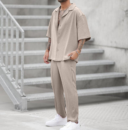 Men's Summer Two-Piece Set with Short-Sleeve Shirt and Pants – Solid Color Casual Set