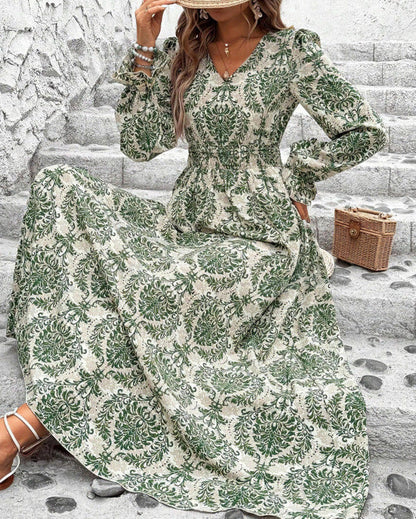 Women's Autumn Printed Dress with V-Neck and Long Sleeves – Casual Streetwear Dress
