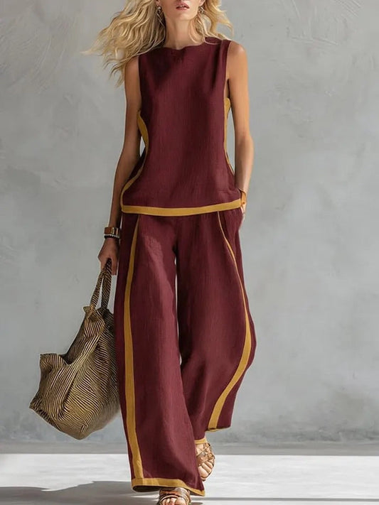 Completo Donna con Top Senza Maniche Girocollo e Pantaloni a Vita Alta a Gamba Larga – Design Color Block