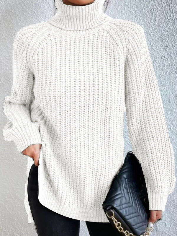 Maglione Donna con Collo Alto, Maniche Raglan e Spacco Laterale – Stile Versatile
