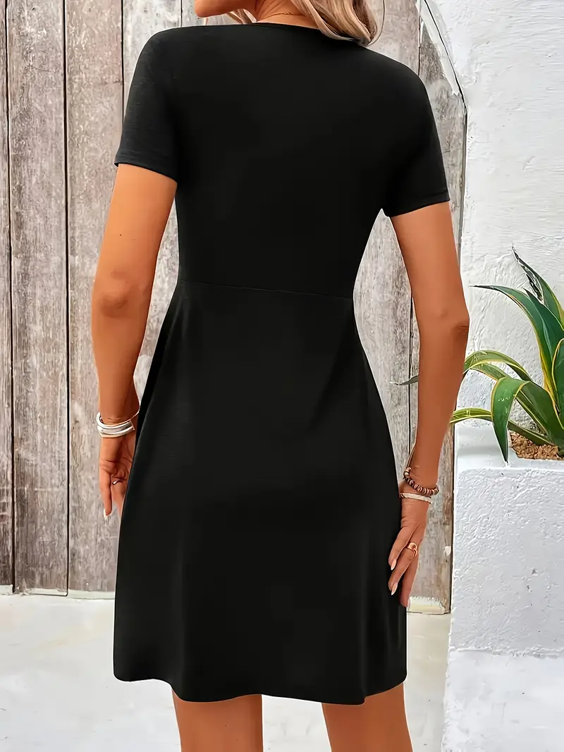 Women's Dress with V-Neck, Short Sleeves, Front Knot, and A-Line Silhouette