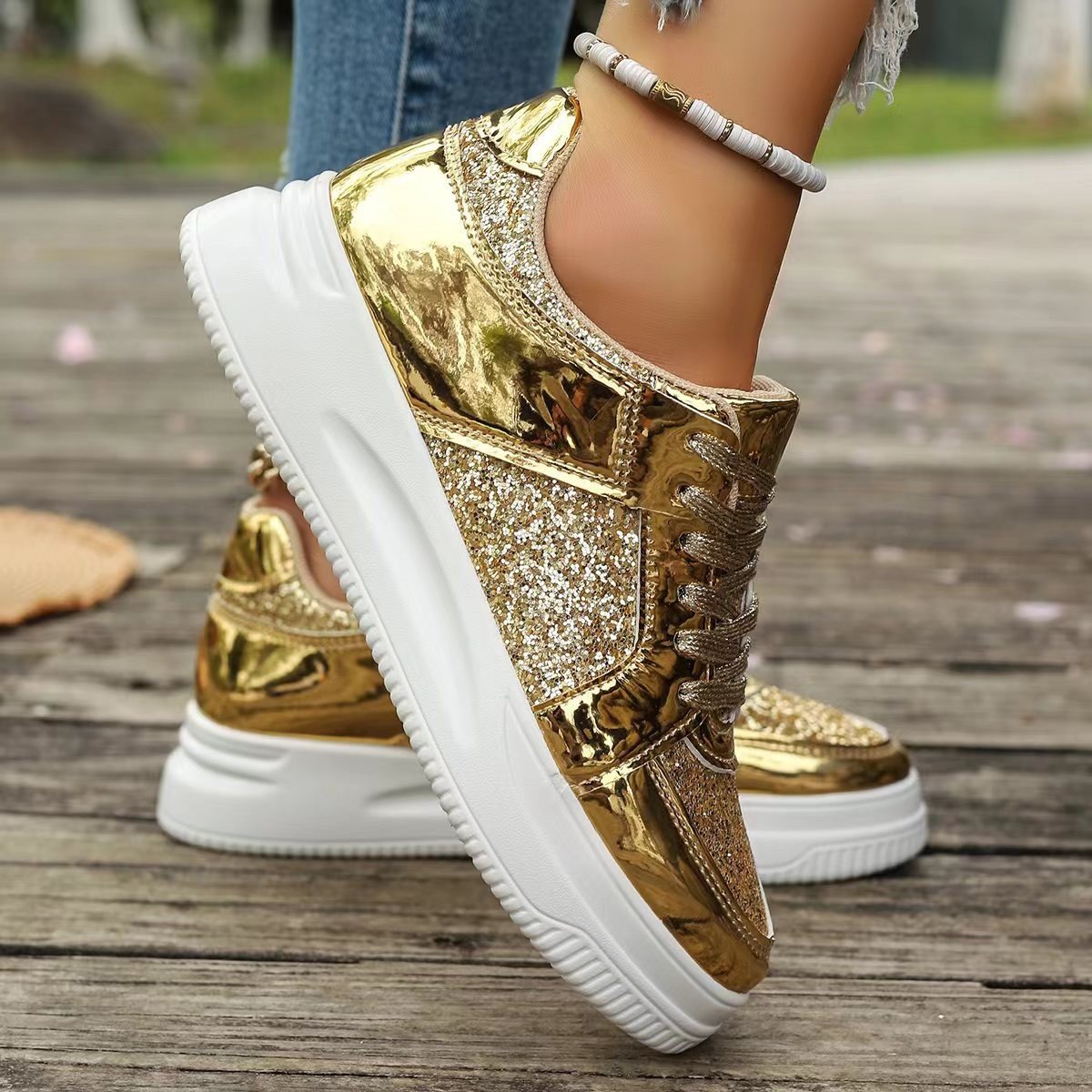 Sneakers da Donna con Lacci, Paillettes e Suola Piatta Spessa