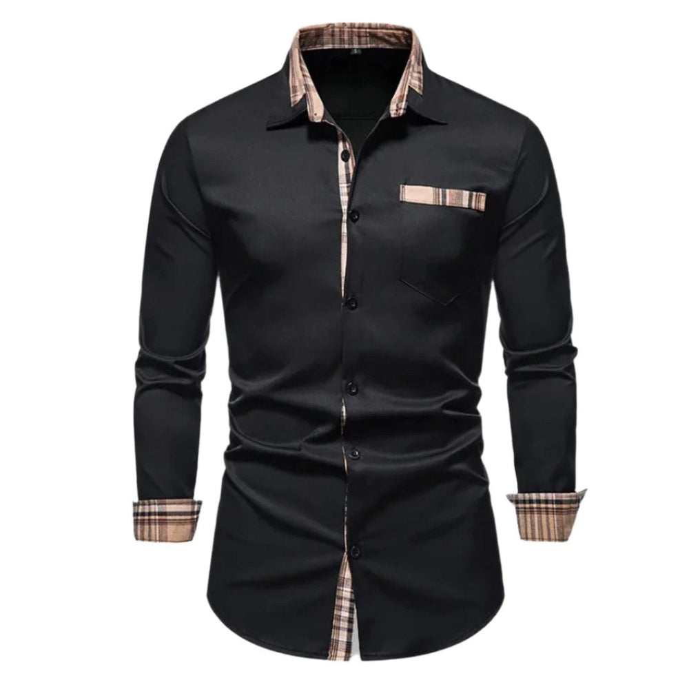 Camicia elegante da uomo nera con dettagli a quadri su colletto e polsini, maniche lunghe, taschino frontale, perfetta per look formali e casual.