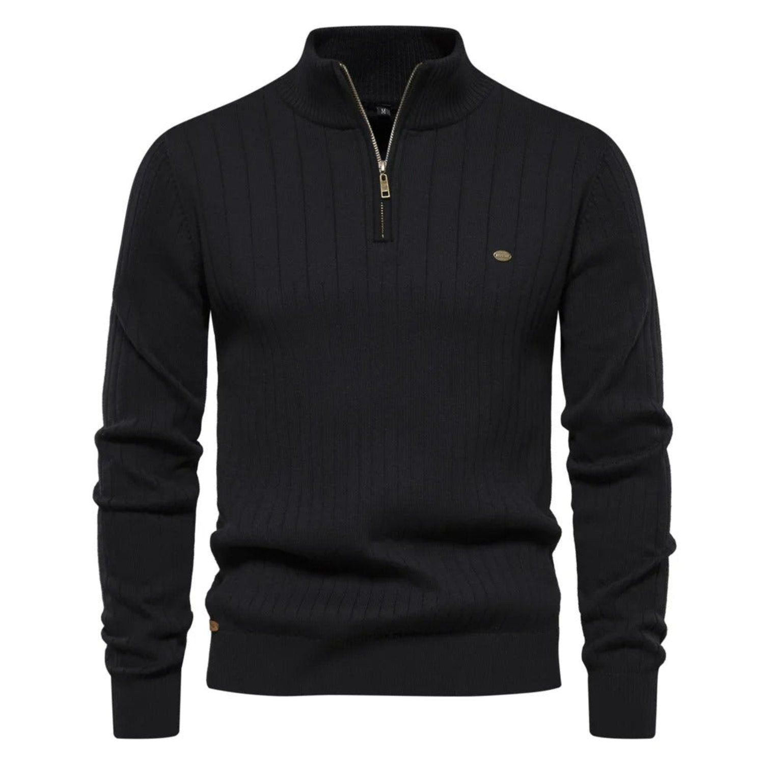 Maglione nero a collo alto con zip, design a coste, maniche lunghe, ideale per moda uomo autunno inverno. Elegante e versatile.