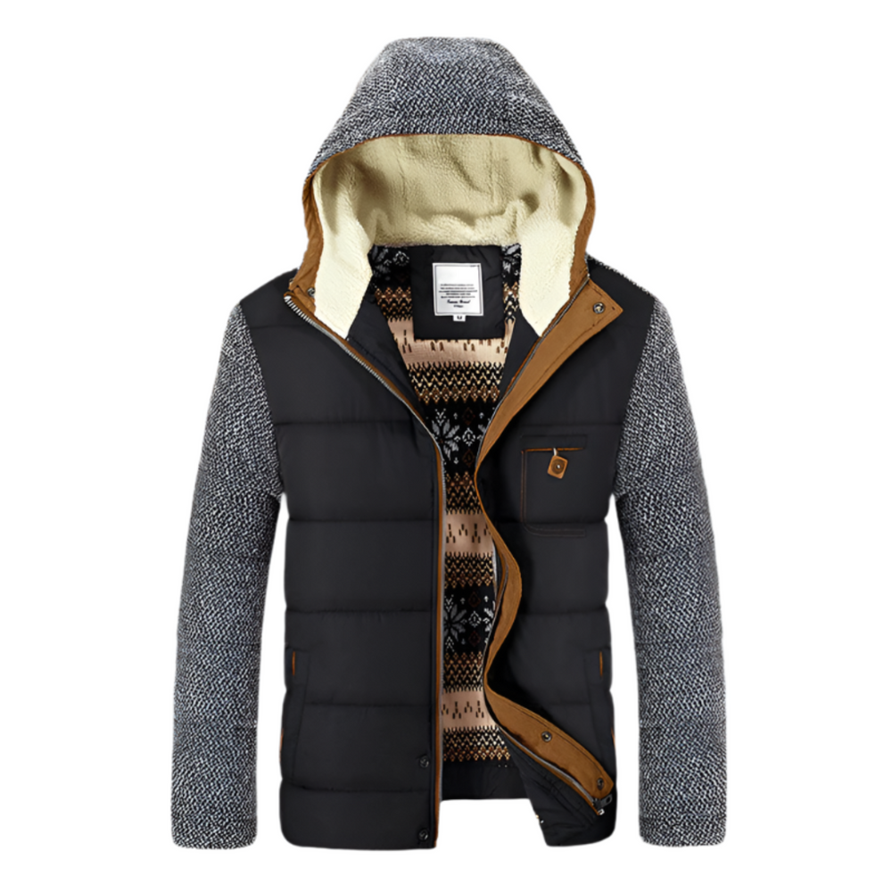 Giacca invernale uomo con cappuccio, maniche grigie, corpo nero imbottito, interno fantasia geometrica. Moda casual, abbigliamento caldo.