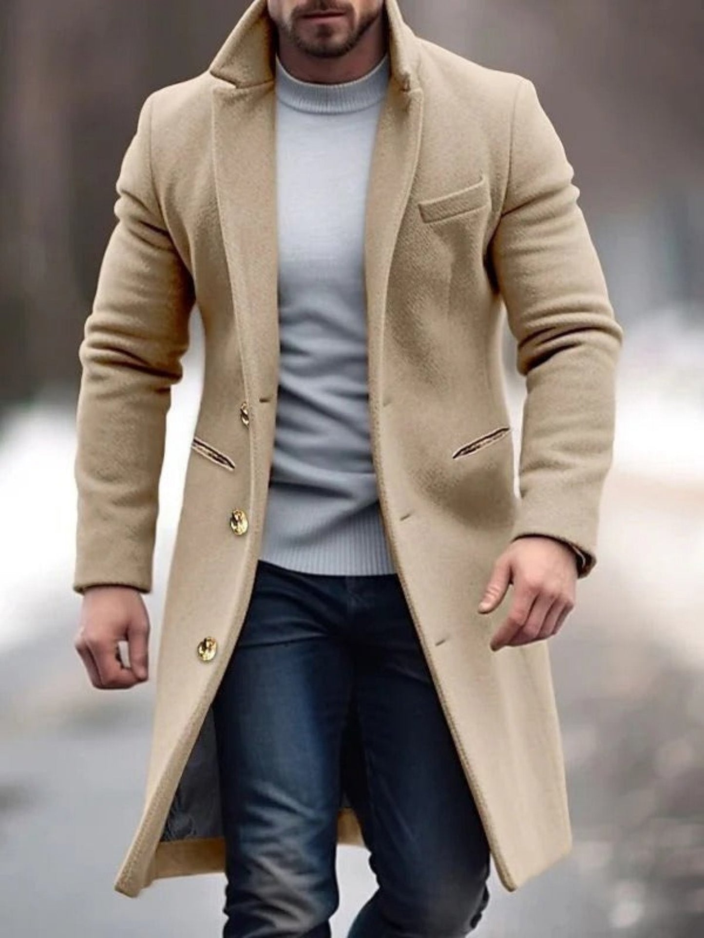 Uomo con cappotto beige elegante, maglione grigio e jeans, cammina all'aperto. Moda invernale maschile, stile casual chic.
