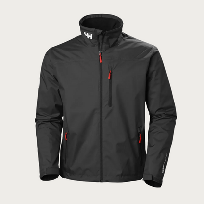 Giacca impermeabile nera Helly Hansen con zip rossa, tasche laterali e logo sul colletto. Ideale per outdoor e sport.
