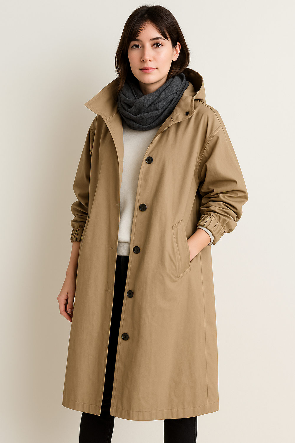 Donna con cappotto beige, sciarpa grigia e pantaloni neri. Moda autunnale, abbigliamento casual elegante. Sfondo neutro.
