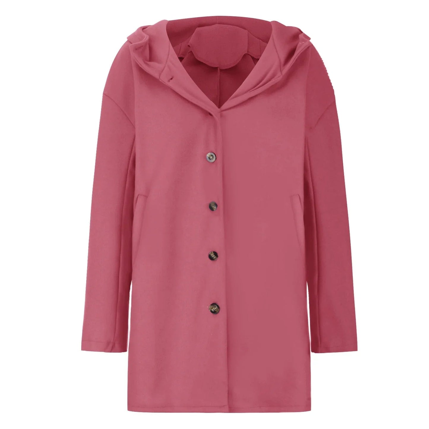 Cappotto rosa con cappuccio, bottoni neri, design elegante, moda donna autunno inverno, abbigliamento casual chic, tessuto morbido.