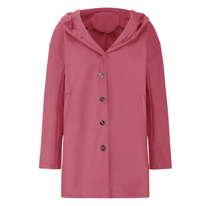 Cappotto rosa con cappuccio, bottoni neri, design elegante, moda donna autunno inverno, abbigliamento casual chic, tessuto morbido.
