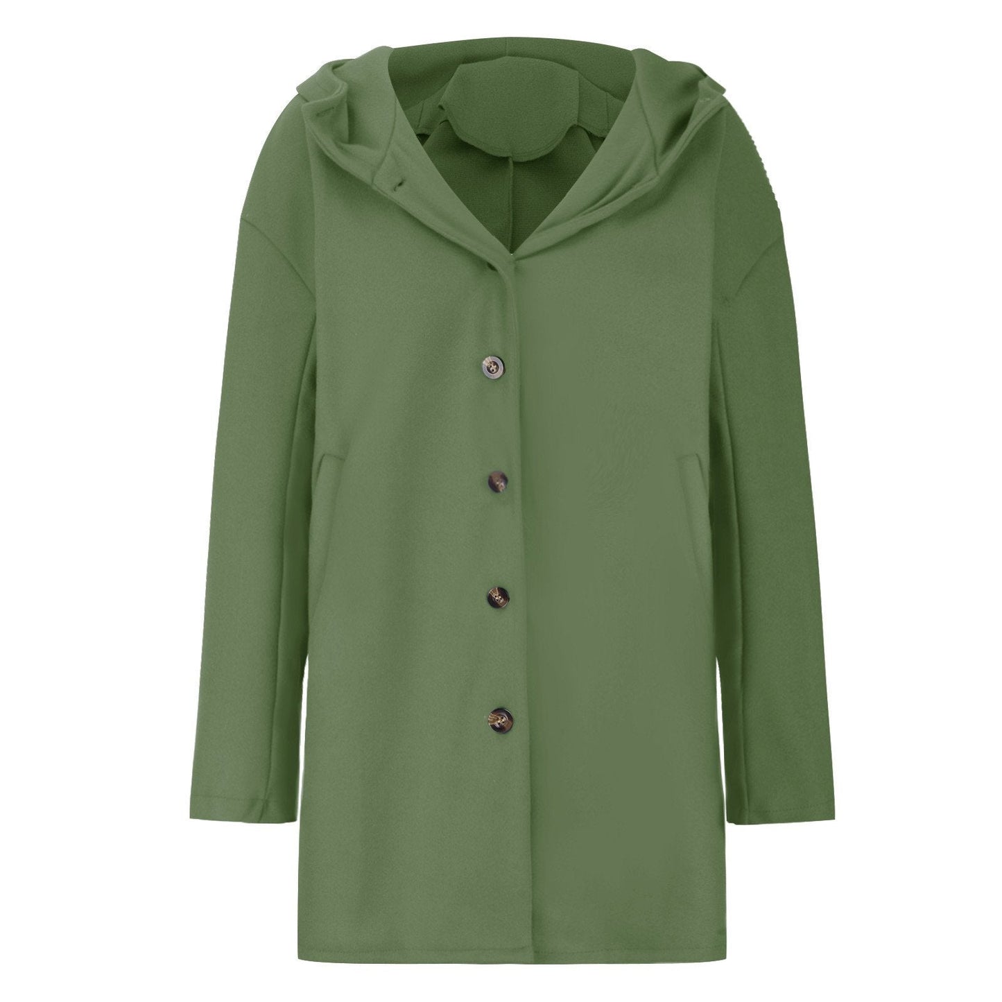 Cappotto verde oliva con cappuccio, bottoni frontali, design elegante. Moda autunnale, abbigliamento donna, stile casual chic.