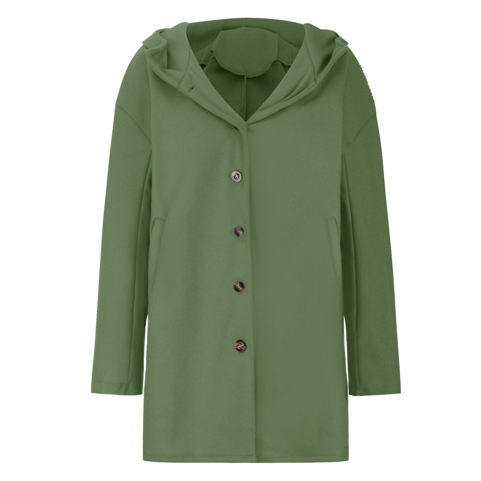 Cappotto verde oliva con cappuccio, bottoni frontali, design elegante. Moda autunnale, abbigliamento donna, stile casual chic.