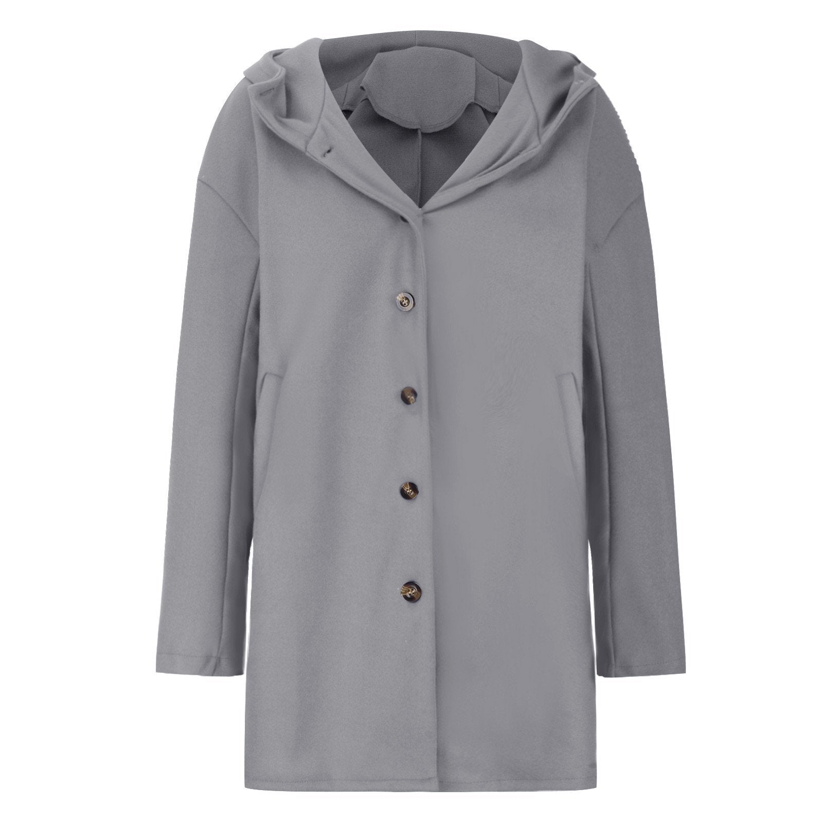 Cappotto grigio con cappuccio, bottoni frontali, design elegante e moderno. Ideale per moda autunnale e invernale. Abbigliamento casual chic.