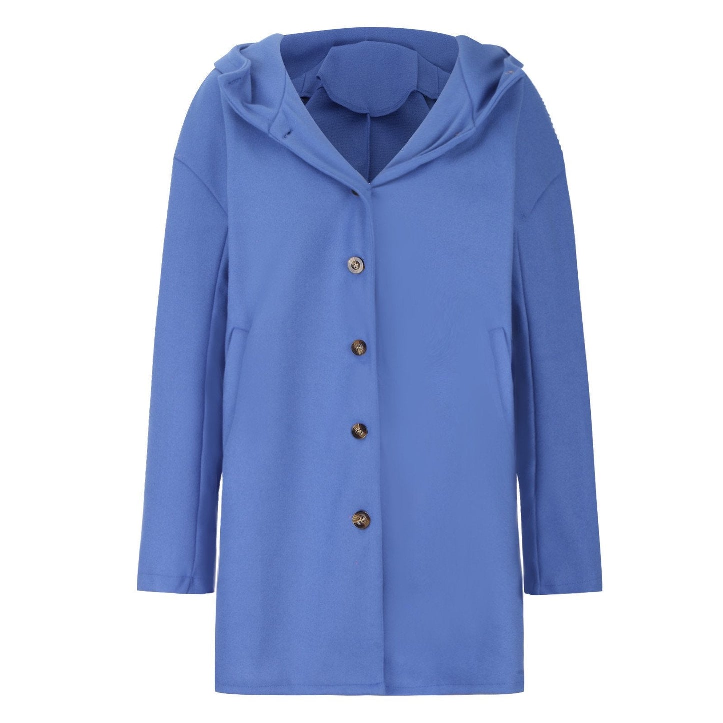 Cappotto blu donna con cappuccio, bottoni marroni, design elegante e moderno. Abbigliamento invernale, moda femminile, giacca calda.