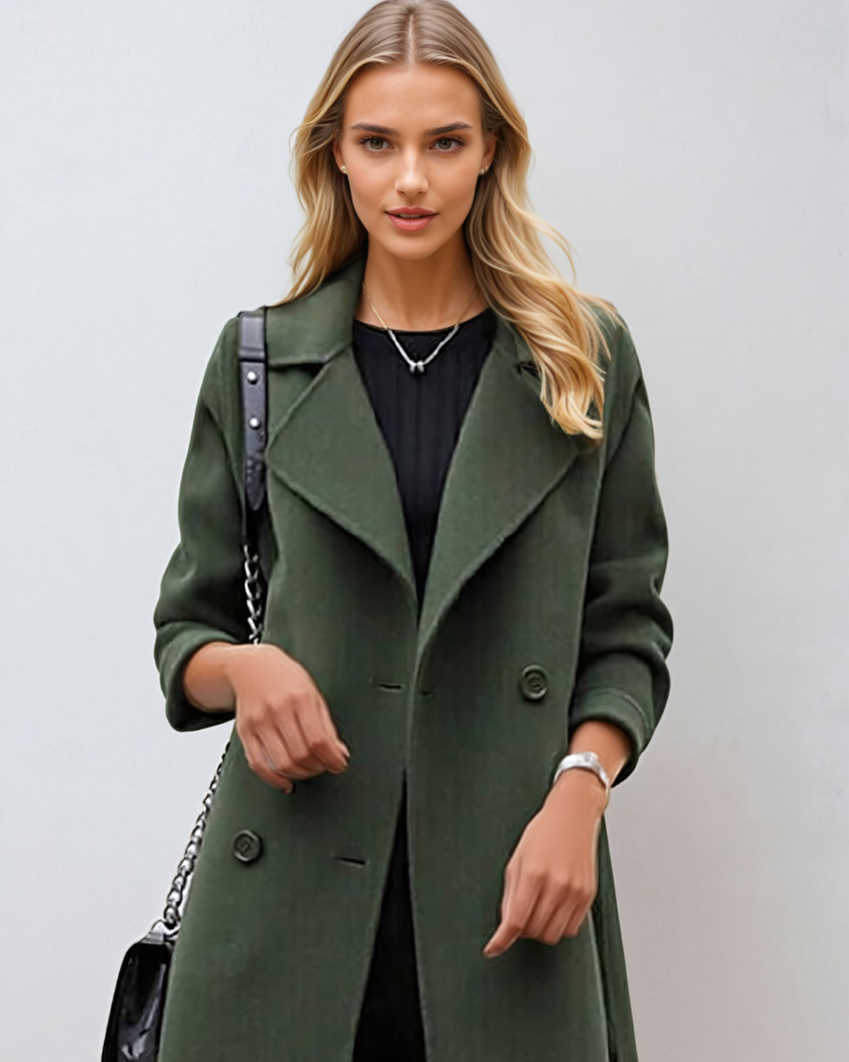 Donna con cappotto verde elegante, abito nero, borsa a tracolla nera. Moda autunnale, stile casual chic, tendenze abbigliamento femminile.