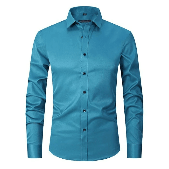 Camicia uomo azzurra elegante, maniche lunghe, bottoni neri, colletto classico. Ideale per abbigliamento formale e casual.