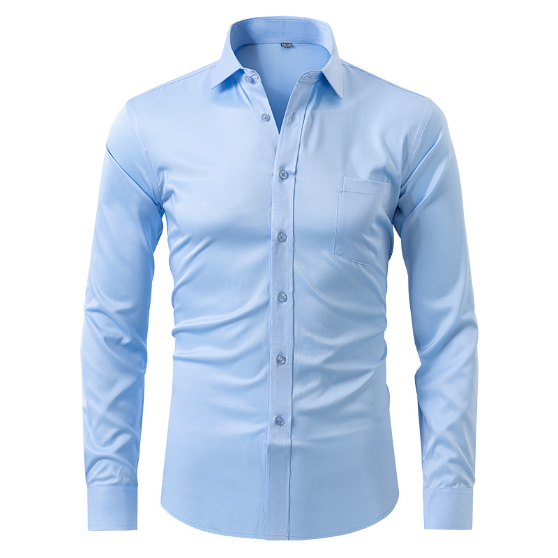 Camicia azzurra da uomo a maniche lunghe, elegante e classica, con colletto e taschino. Ideale per abbigliamento formale e casual.