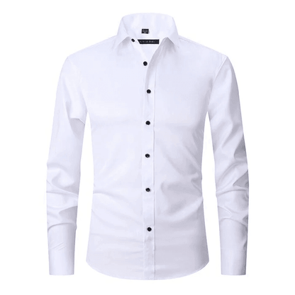 Camicia bianca elegante da uomo a maniche lunghe, bottoni neri, colletto classico. Ideale per abbigliamento formale e business casual.
