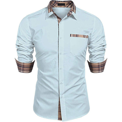 Camicia uomo bianca elegante con dettagli a quadri marroni su colletto e polsini, maniche lunghe, perfetta per look casual e formali.