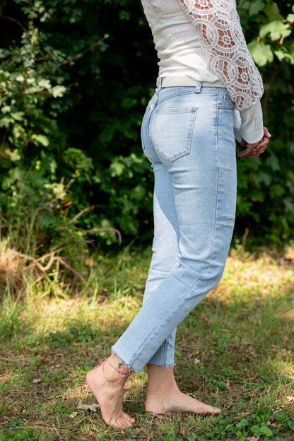High-Waisted Women's Jeans in Stretch Denim with Floral Print