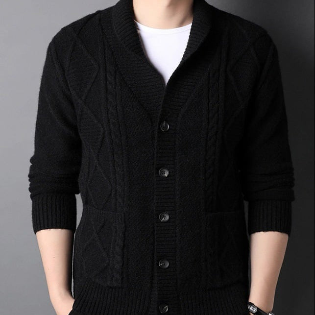 Men's Long Sleeve Cardigan with Notched Collar and Loose Fit