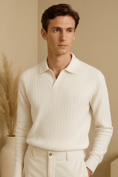 Men's Long Sleeve Polo with Open Collar and Cream Ribbed Texture