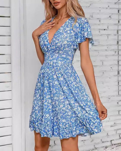 Women’s Floral Summer Mini Dress with V-Neck and Ruffle Sleeves