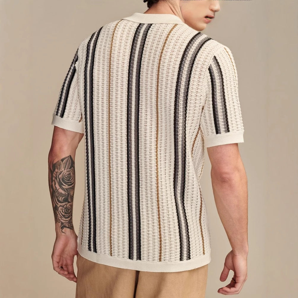 Polo Uomo Estiva a Righe Traforate con Maniche Corte – Stile Britannico Casual