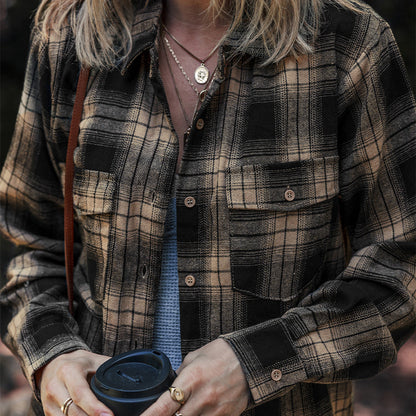 Camicia Donna a Quadri Manica Lunga con Doppie Tasche e Vestibilità Ampia